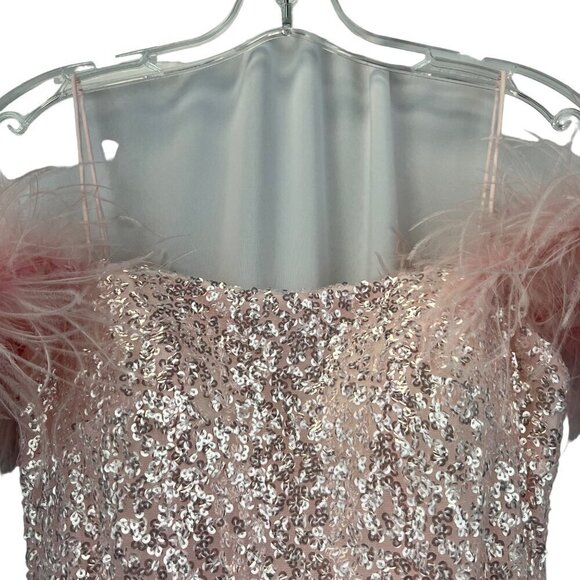 Alyce Paris 4498 Sequined Fitted Mini Dress Off Shoulder Feathers Pink Sz 4 New - Picture 3 of 10